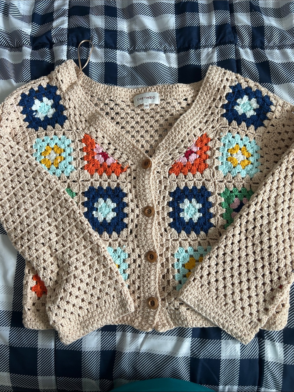 Driftwood Granny Square Crochet Cardigan Sweater Beige Boho M
